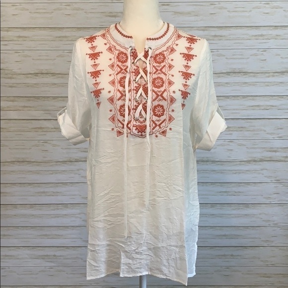 Boho Lace-up Embroidered Tunic Top - Picture 1 of 8